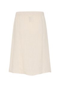 Fustă din in de culoare bej deschis, cu talie elastică, până la genunchi și un design fluid. Textură moale, fără modele sau accente.