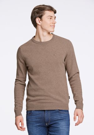 Brown knitted sweater with a crew neckline, long sleeves, and a subtle logo detail on the chest. Paired with blue jeans.
