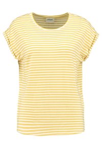 Koszulka w żółto-białe paski, krótki rękaw, okrągły dekolt, miękki materiał, luźny krój, delikatnie zaokrąglony dół. Widoczna metka marki wewnątrz.