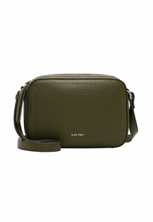 Small rectangular olive green leather crossbody bag with textured surface, gold zipper, and adjustable shoulder strap.