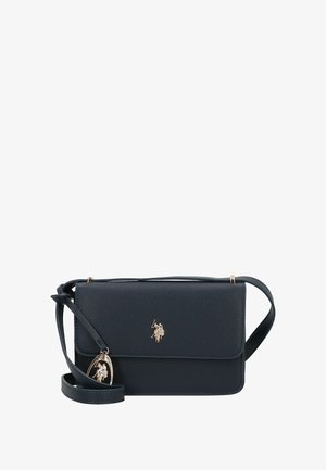 Borsa a tracolla blu scuro in pelle testurizzata. Caratterizzata da un logo dorato e una tracolla regolabile. Forma rettangolare semplice.