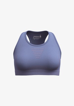 Soutien-gorge de sport violet avec un design sans coutures, un col rond et des bretelles larges. Présente des motifs texturés et une bande inférieure côtelée.