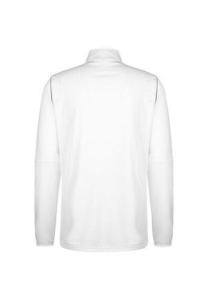 Camicia bianca a maniche lunghe con colletto alto. Texture liscia, design minimale, senza loghi o motivi visibili, taglio dritto all'orlo.