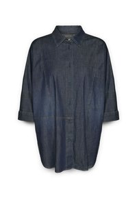 Camicia di denim blu scuro con bottoni sul davanti, colletto, maniche arrotolate e dettagli di cucitura delicati. Presenta una tasca sul petto.