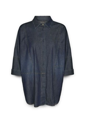 Dunkelblaue Jeanshemd mit durchgehender Knopfleiste, Kragen, hochgerollten Ärmeln und dezenten Stickdetails. Verfügt über eine Brusttasche.