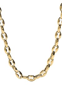 Naszyjnik z łańcuchem w odcieniu złota, z owalnymi ogniwami o gładkim, polerowanym wykończeniu i jednolitym odstępie, tworząc klasyczny wzór.