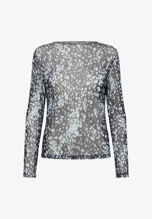 Top à manches longues en mesh noir transparent avec motif tacheté blanc. Caractérisé par un col rond et une silhouette ajustée.