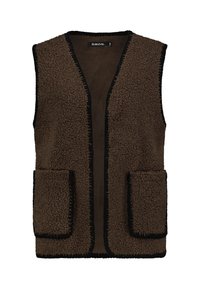 Braune Fleece-Weste mit schwarzen Akzenten, offenes Design und zwei Fronttaschen. Weiche Textur, keine Verschlüsse und ungefüttertes Innere.