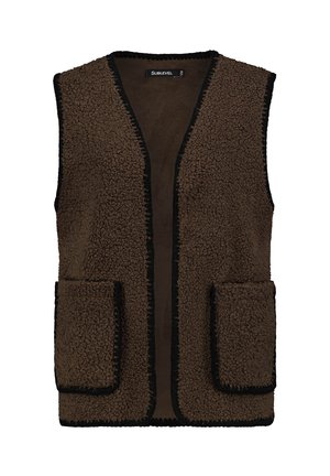 Braune Fleece-Weste mit schwarzen Akzenten, offenes Design und zwei Fronttaschen. Weiche Textur, keine Verschlüsse und ungefüttertes Innere.