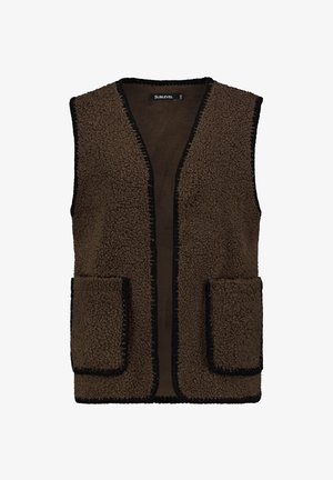 Brown fleece vest with black trim, featuring a open front design and two front pockets. Soft texture, no fastenings, and unlined interior.