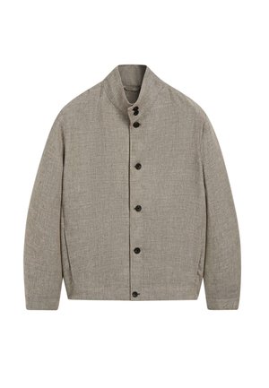 Hellbraune strukturierte Jacke mit hohem Kragen und sechs schwarzen Knöpfen vorne, langen Ärmeln und Seitentaschen.