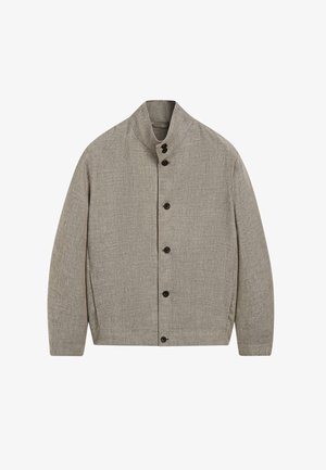 Hellbraune strukturierte Jacke mit hohem Kragen und sechs schwarzen Knöpfen vorne, langen Ärmeln und Seitentaschen.