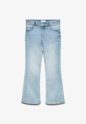 Jean évasé pour enfants de couleur bleu clair, avec bouton à l'avant, fermeture éclair, passants de ceinture et cinq poches, sur fond blanc.