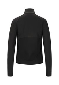 Schwarze Jacke mit langen Ärmeln und hohem Kragen, aus glattem Obermaterial und strukturiertem, geripptem unteren Bereich, mit dezentem Branding.