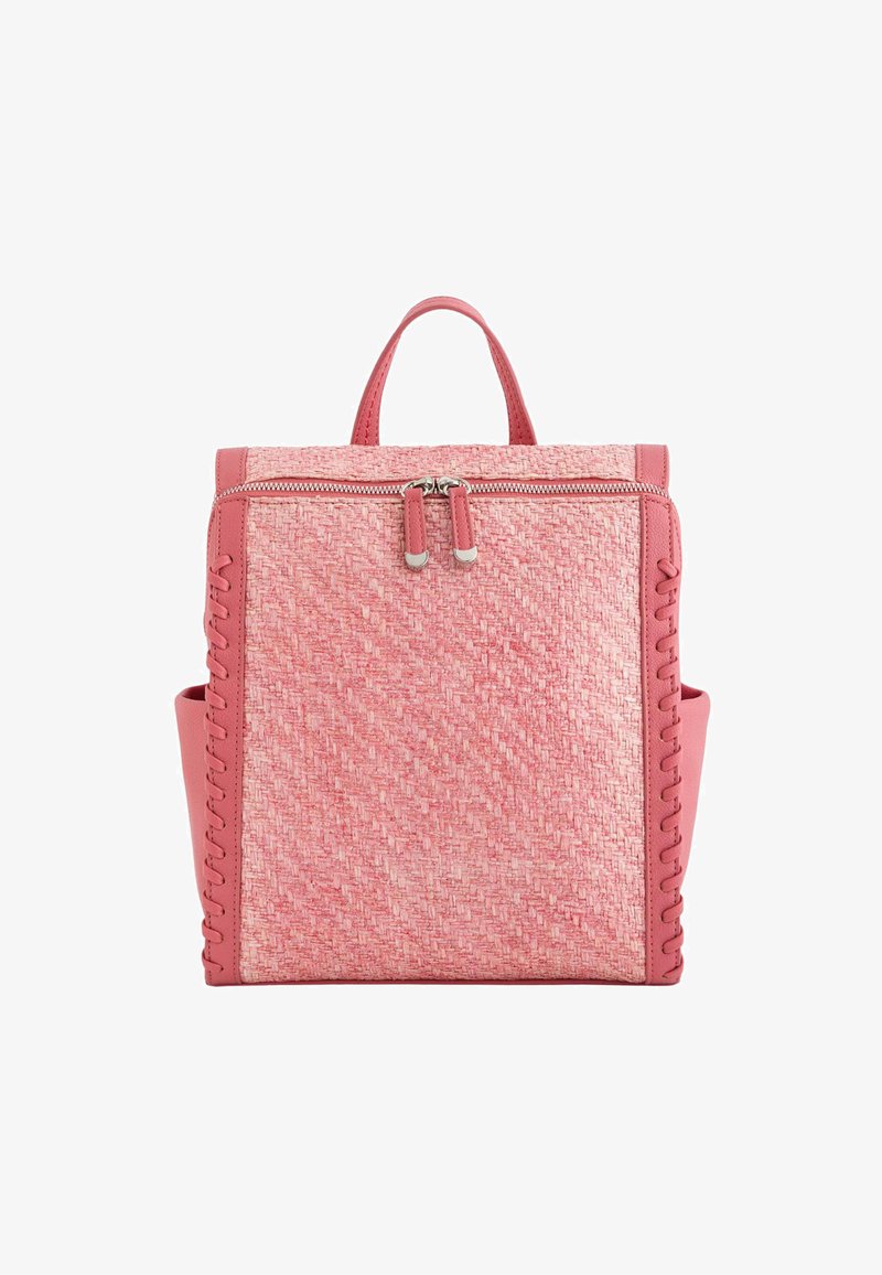 Pink backpack with a woven fabric front and smooth leather sides, featuring a top zip closure and side stitching accents.