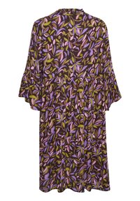 Vestido floral marrón con diseño de capas, con estampados de hojas en púrpura y verde. Incluye mangas campana fluidas y escote redondo.