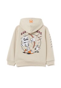 Felpa beige con un cartone animato con archi e frecce sul retro, dettagli arancioni e grafiche su entrambe le maniche. Materiale in cotone.