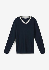 Mörkblå stickad tröja med V-ringning, med en tvåfärgad ribbade halsringning. Långa ärmar och en vanlig passform. Inga synliga mönster eller dekorationer.