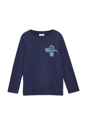 Marineblaues Langarmhemd aus Baumwolle mit einem hellblauen Grafikmotiv eines Affen, der auf einem Fahrrad fährt, auf der linken Brust.