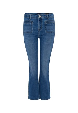 Blue denim flared jeans with a high waist, five pockets, and contrast stitching. The fabric has a smooth texture and a classic design.