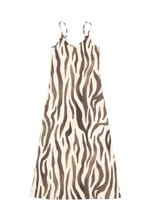 Abito con spalline sottili caratterizzato da uno sfondo beige e motivo a strisce zebrate marrone scuro. Realizzato in tessuto leggero con una vestibilità comoda.