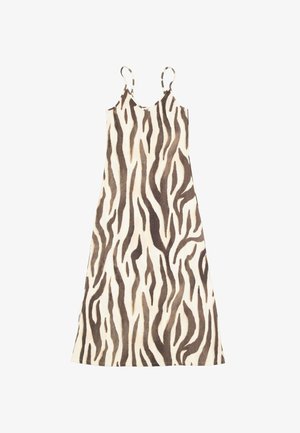 Abito con spalline sottili caratterizzato da uno sfondo beige e motivo a strisce zebrate marrone scuro. Realizzato in tessuto leggero con una vestibilità comoda.