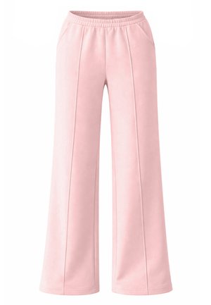 Hellrosa Hosen mit weitem Bein, elastischem Bund, vorderer Naht und Seitentaschen auf weißem Hintergrund.