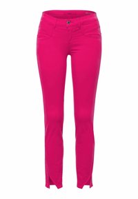 Vaqueros rosa con corte ajustado, cintura media, bolsillos frontales y detalle de abertura en el dobladillo. Confeccionados en denim elástico para mayor comodidad.