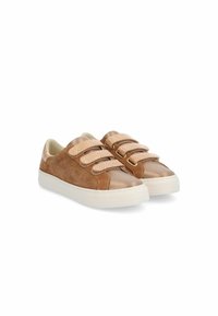Brown and metallic sneakers with textured straps, a smooth toe cap, white rubber sole, and perforated detailing on the sides.