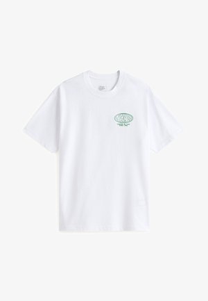 T-shirt en coton blanc à manches courtes et col rond. Présente un logo graphique vert sur la poitrine gauche avec la mention "VANS FOR LIFE SINCE 1966."
