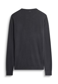 Maglione grigio scuro a maniche lunghe con scollo rotondo, polsini e orlo a costine. Texture liscia, design minimale e senza motivi o accenti visibili.