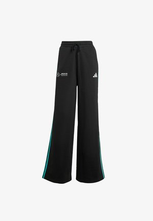 Black sweatpants with a loose fit, featuring teal side stripes, drawstring waistband, and printed logos for Mercedes and Adidas.