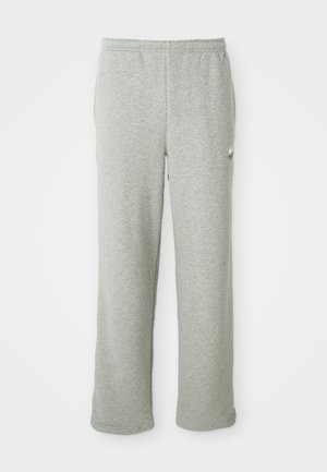 Gray sweatpants made of soft cotton blend fabric, featuring an elastic waistband, straight-leg design, and a small logo on the left side.