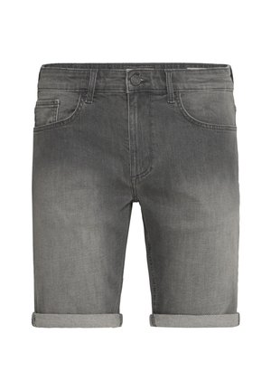 Shorts en denim gris avec revers, dotés d'une poche frontale et d'une fermeture à bouton. Le tissu a une apparence délavée et texturée.