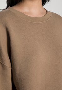 Felpa marrone con una texture morbida, scollatura tonda e spalle scese, caratterizzata da dettagli di cucitura minimali.