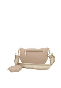 Borsa a tracolla in pelle beige con tasca frontale con zip, finitura testurizzata e tracolla in tessuto a righe. Include un portamonete rotondo abbinato.