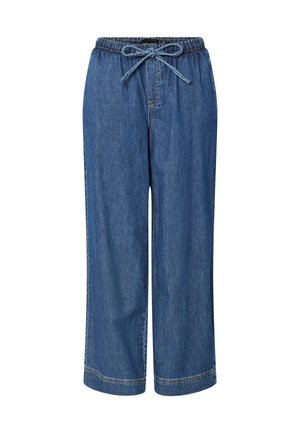 Denim pull-on pants in medium blue with an elastic waistband and drawstring. Features wide legs and stitched hem detailing.