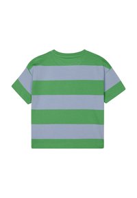 Grün und hellblau gestreiftes T-Shirt mit kurzen Ärmeln und rundem Ausschnitt. Aus Baumwollstoff, lässige Passform und gesäumter Saum.