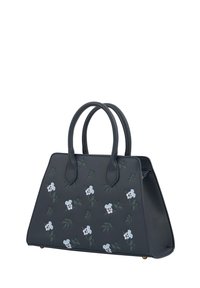 Dark blue leather handbag with floral embroidery in light blue, featuring two top handles and a structured shape.