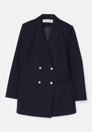 Navy double-breasted blazer with gold buttons, peak lapels, two front pockets, and a tailored silhouette. Smooth fabric, classic design.