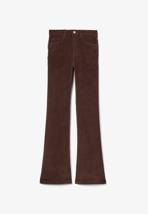 Braune Corduroy Schlaghosen mit zwei Vordertaschen, einem Reißverschluss vorne und einem Metallknopfverschluss am Bund. Weicher Stoff.