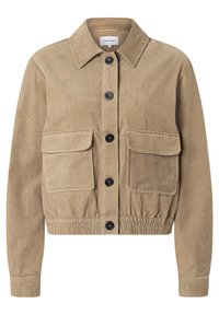 Tan corduroy jas met een kraag, elastische tailleband en twee voorkruistassen. Voorzien van zes zwarte knopen aan de voorkant.