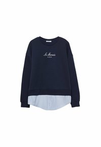 Felpa blu marina con scollatura arrotondata, ricamo con il testo "Le Marais Paris" e dettagli a strisce azzurro chiaro sull'orlo della camicia. Materiale in blend di cotone.