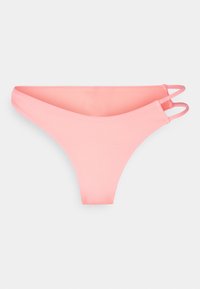 Parte de baixo de bikini rosa claro com um design minimalista, apresentando tiras laterais finas e uma textura suave. Sem padrões ou detalhes.