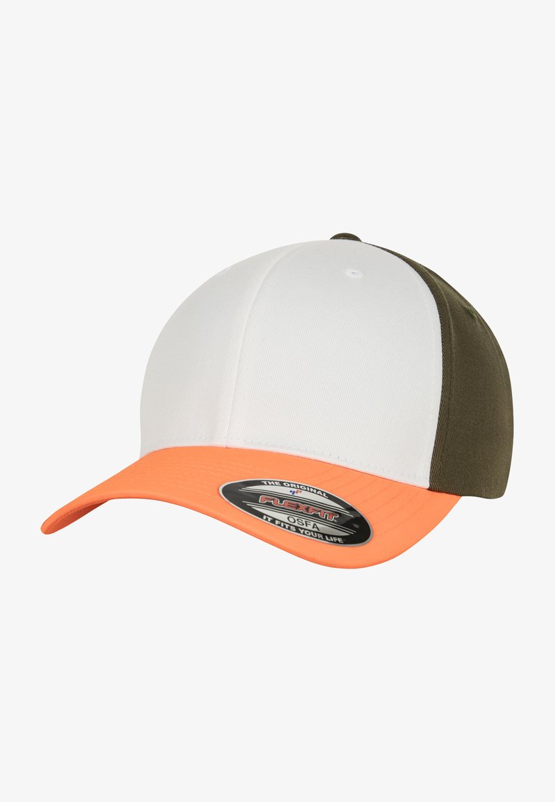 Cap featuring a white front, olive green sides, and an orange visor. Made of textured fabric with a fitted design. Includes a brand tag.