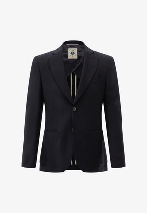 Marineblazer aus strukturiertem Stoff; verfügt über eine Vorderseite mit zwei Knöpfen, Revers mit Kerbkragen und Vordertaschen; mit kontrastierendem gestreiftem Futter ausgekleidet.