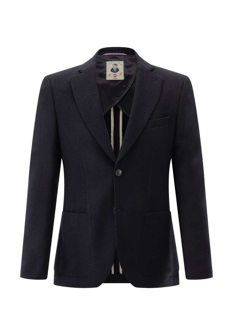 Marineblazer aus strukturiertem Stoff; verfügt über eine Vorderseite mit zwei Knöpfen, Revers mit Kerbkragen und Vordertaschen; mit kontrastierendem gestreiftem Futter ausgekleidet.