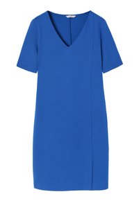 Blaues kurzärmeliges Kleid mit V-Ausschnitt, gerader Silhouette und einem seitlichen Schlitz für zusätzliches Detail. Hergestellt aus einem glatten, leichten Stoff.