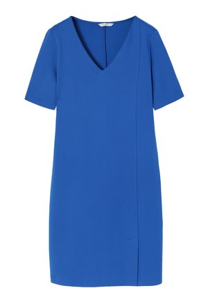 Robe bleu à manches courtes présentant un décolleté en V, une silhouette droite et une fente sur le côté pour plus de détails. Fabriquée en tissu lisse et léger.