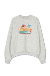 Felpa grigia con ricami colorati "California" e "Los Angeles", grafiche di sole e palma, vestibilità rilassata e polsini a costine.